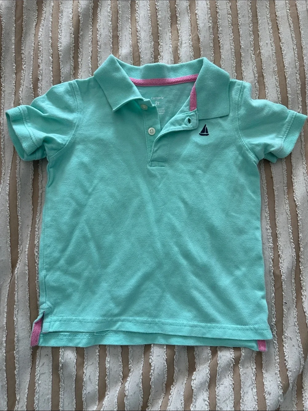 Carter's Mint Polo Shirt with Navy Sailboat and Pink Trim